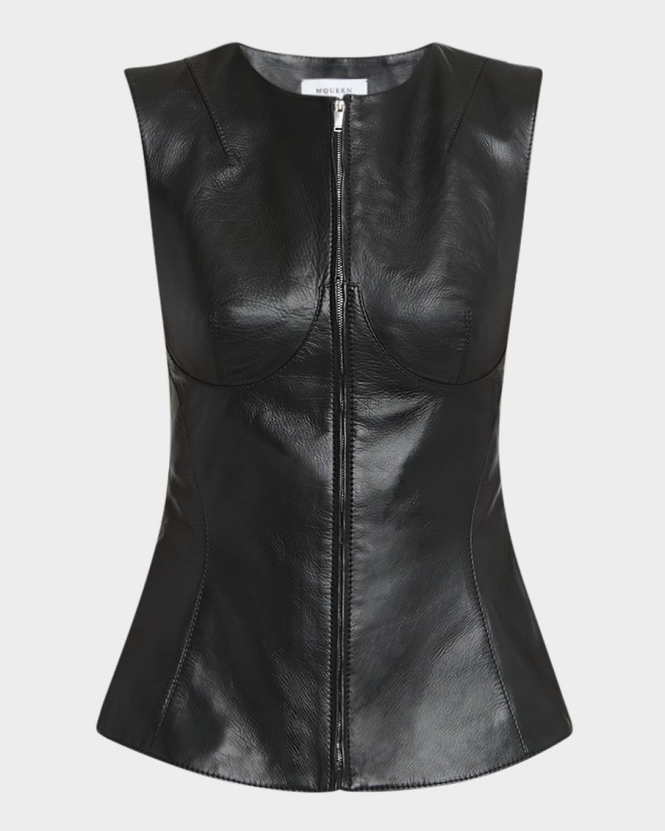 Sleeveless Zip-Up Seamed Leather Top
